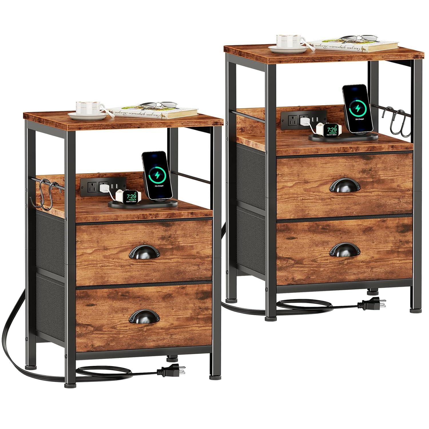 Furologee Nightstand Set of 2, Rustic Brown, with Charging Station and USB Ports, Side Tables with 2 Fabric Drawers, Bedside Tables with Storage Shelf & Hooks, for Living Room/Bedroom