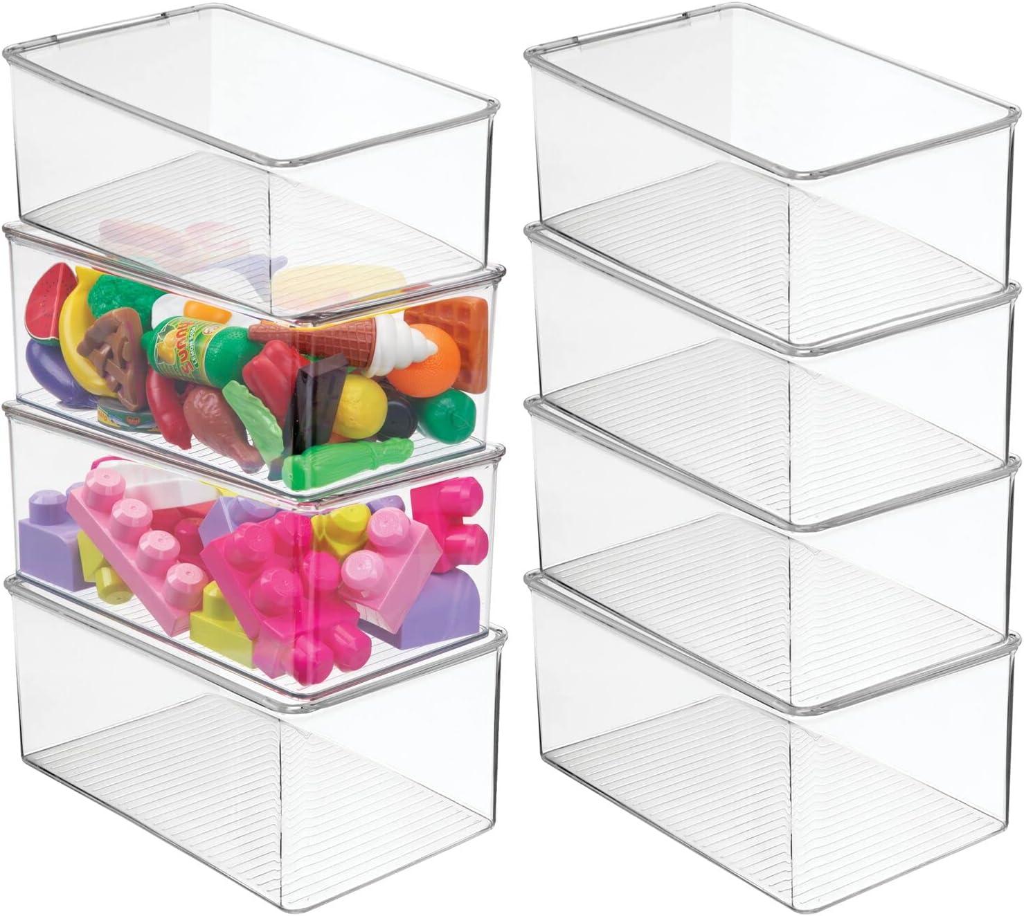 mDesign Plastic Stackable Toy Storage Bin Box with Hinge Lid, 8 Pack - Clear