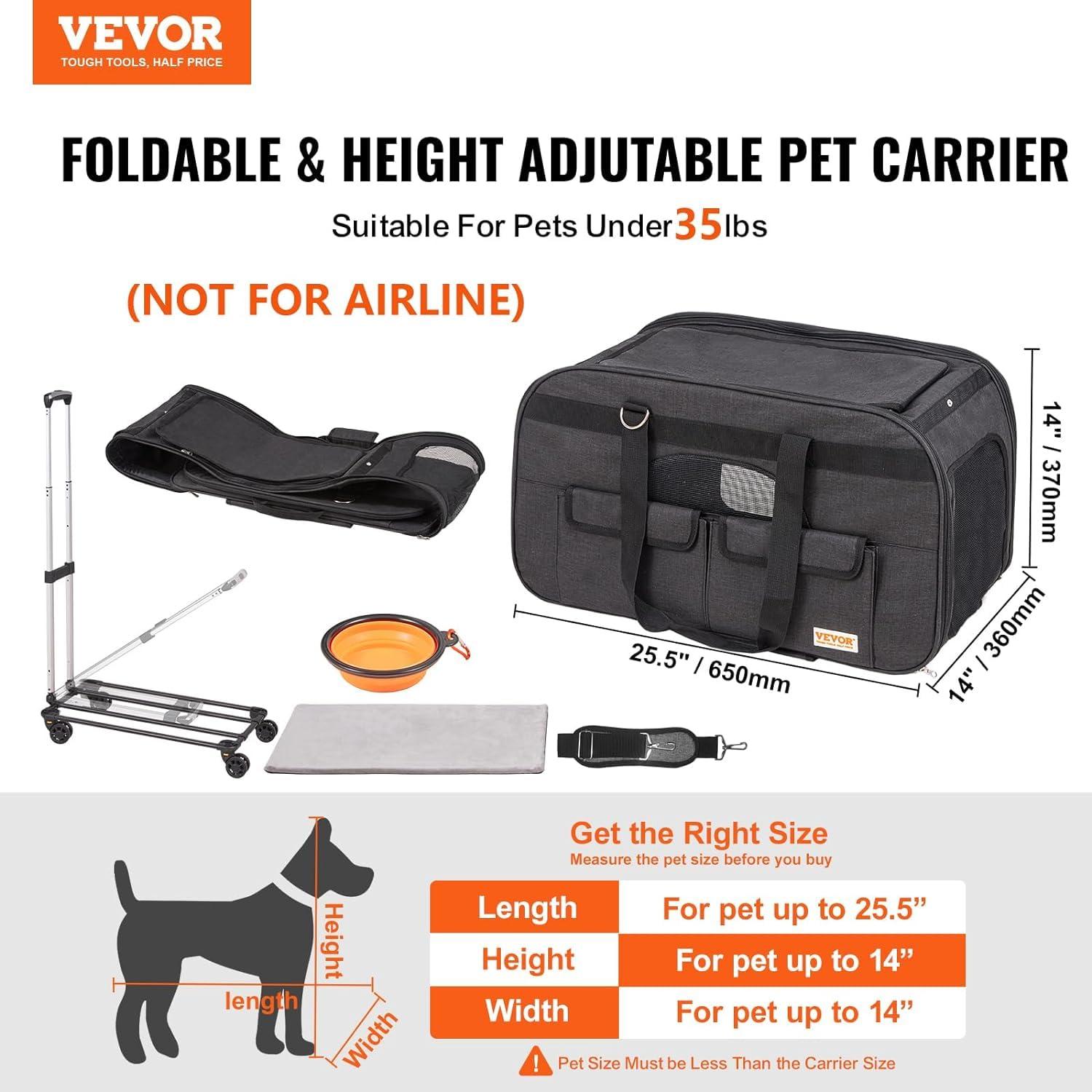VEVOR Large Cat Dog Carrier with Wheels for Under 35lbs, Rolling Pet Carrier with Upgraded Wheels, Foldable Wheeled Dog Travel Carrier (Not for Airline)