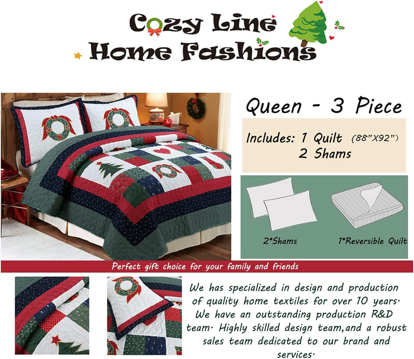 Cozy Line Home Fashion Happy Christmas Christmas Reversible Farmhouse Country Quilt Set