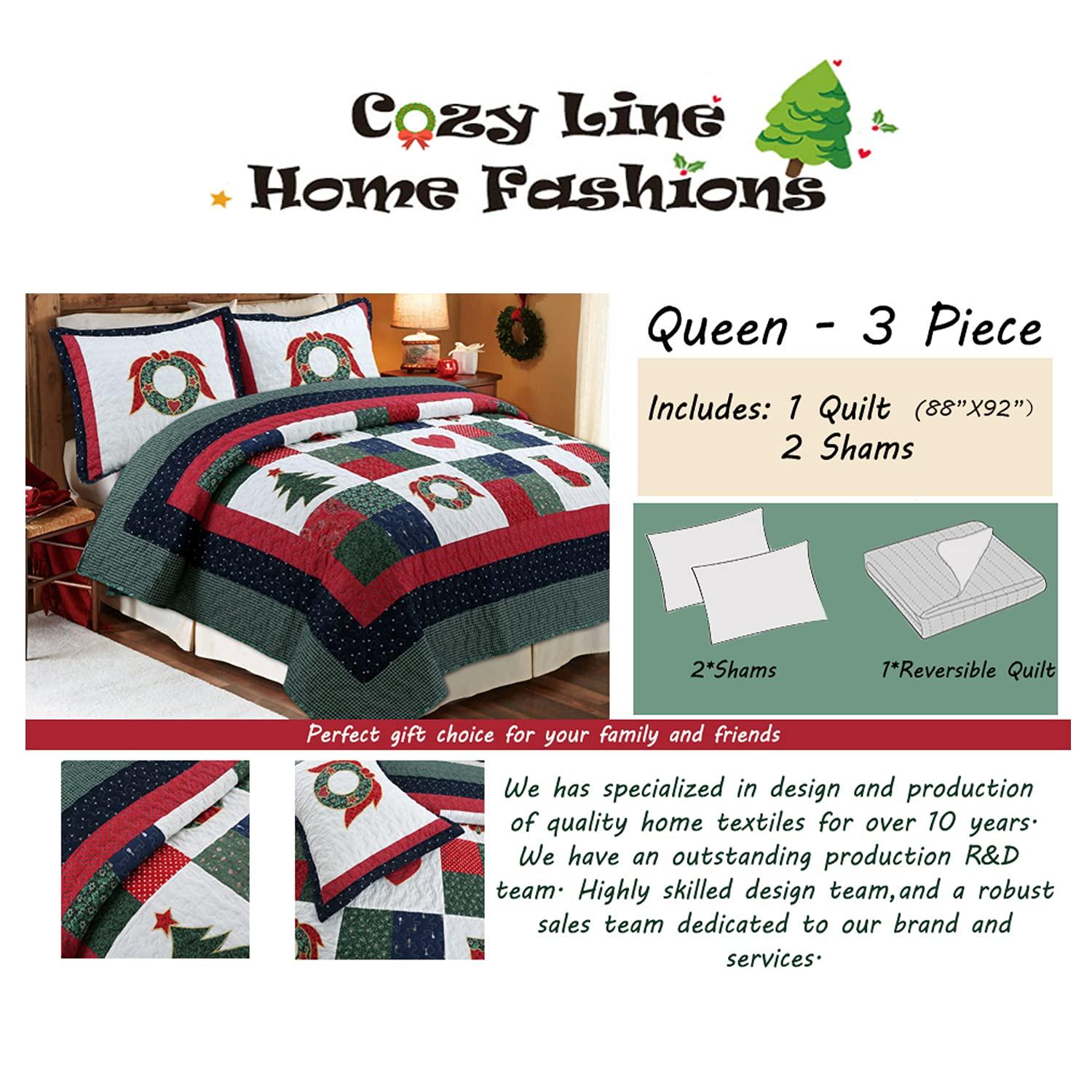 Cozy Line Home Fashion Happy Christmas Christmas Reversible Farmhouse Country Quilt Set