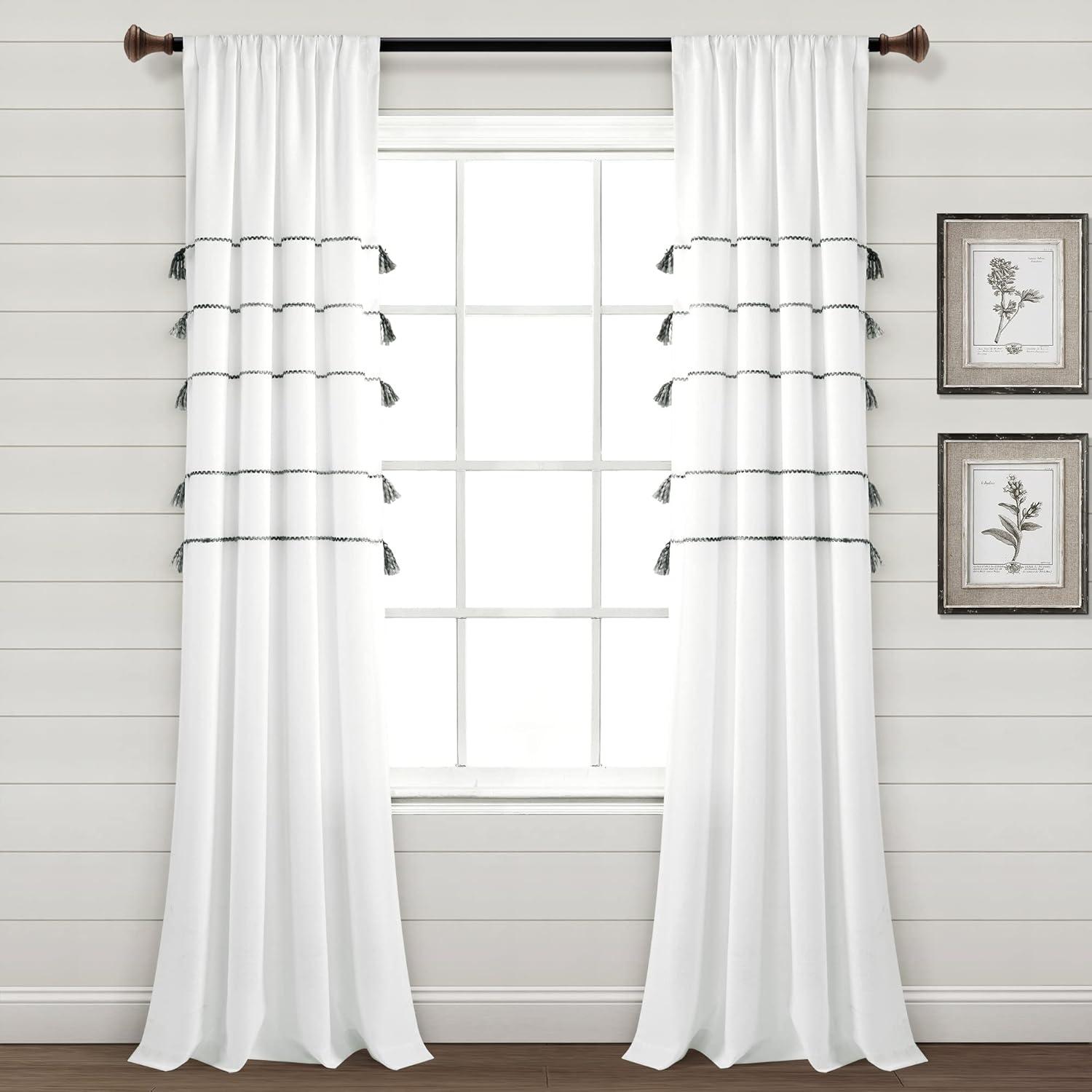 Home Boutique Farmhouse Boho Stripe Woven Tassel Yarn Dyed Cotton Window Curtain Panels Gray Ombre 42X84 Set