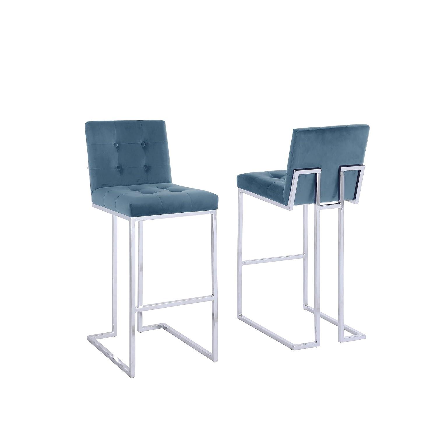 Barstools with Tufted Seats in Teal Blue Velvet and Chrome Legs (Set of 2)