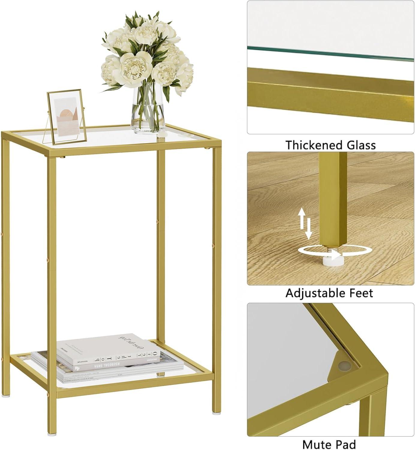 2-Pack Golden Side Tables - Tempered Glass & 2-Tier Shelves