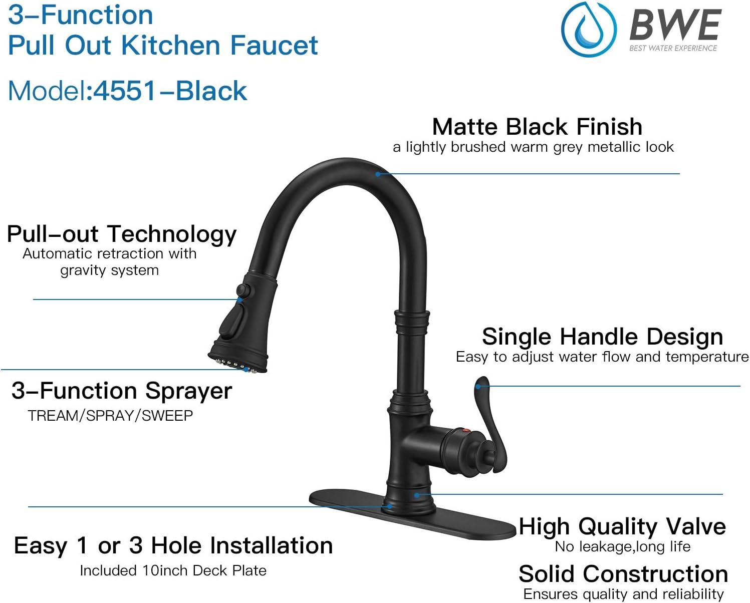 BWE Single-Handle Pull-Down Sprayer 3 Spray High Arc Kitchen Faucet With Deck Plate