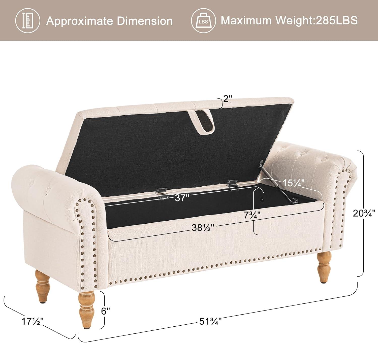 Furniliving Storage Ottoman Bench Button Tufted End of Bed Bench Storage Bench for Bedroom, Beige