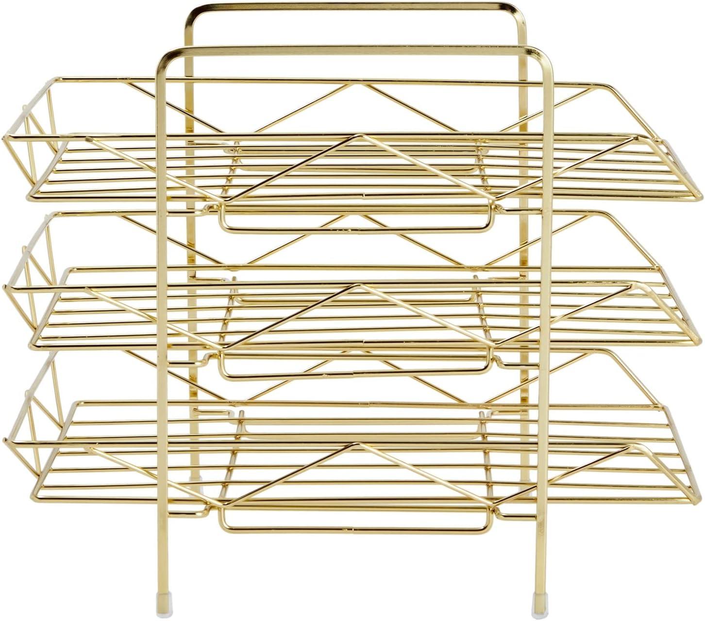 3-Tier Metal File Holder for Home or Office Desk, Stackable Paper Tray, Gold, 13 x 11 In