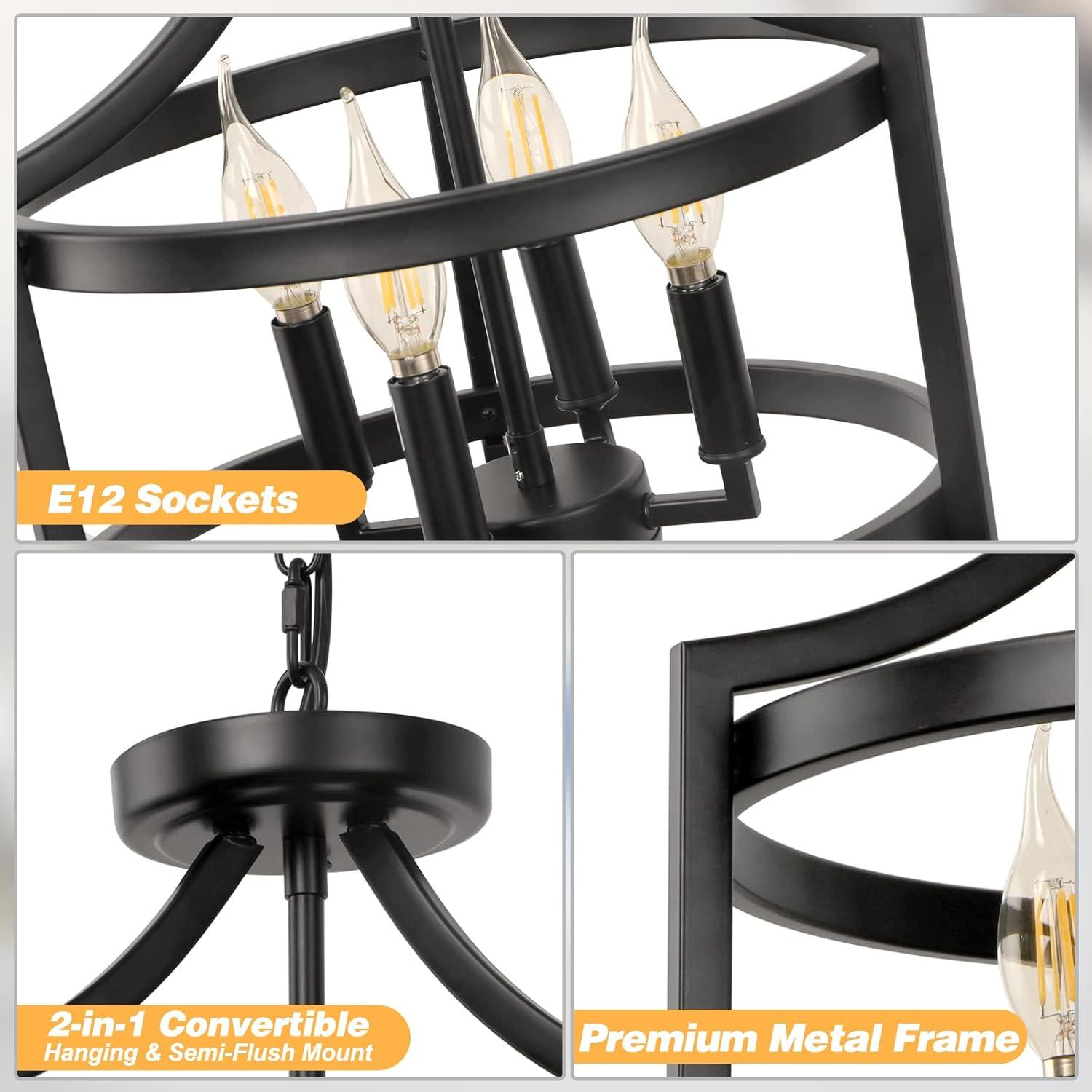 Chandelier Convertible Semi Flush Mount Ceiling Light, YANSUN 4-Light Modern Farmhouse Rustic Round Cage Chandeliers for Kitchen, Dining Room, Foyer, Entryway.Black and Brushed Nickel