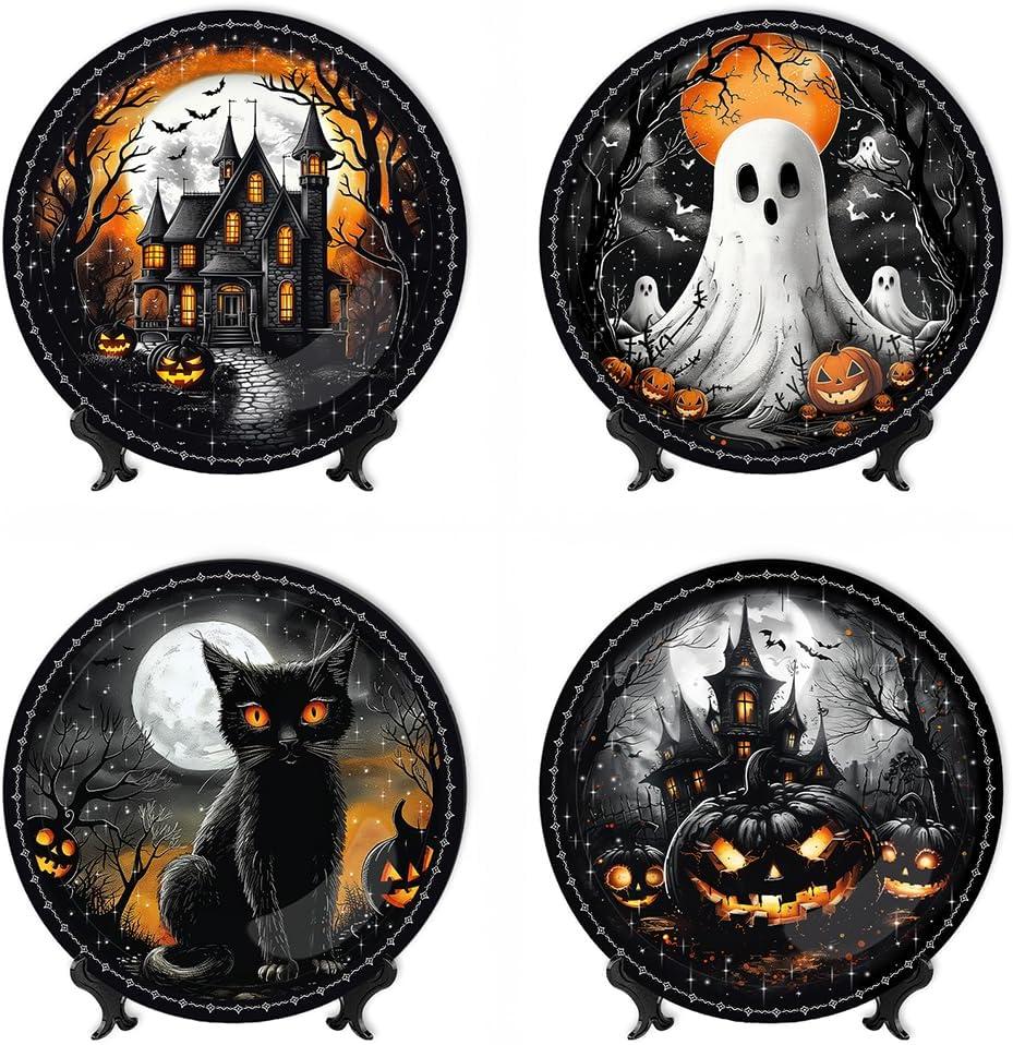 Haunted Night Set of 4 Plates, Black Halloween Tableware Collection for Salad, Dessert, Appetizer, and Side Plates| OrnamentallyYou