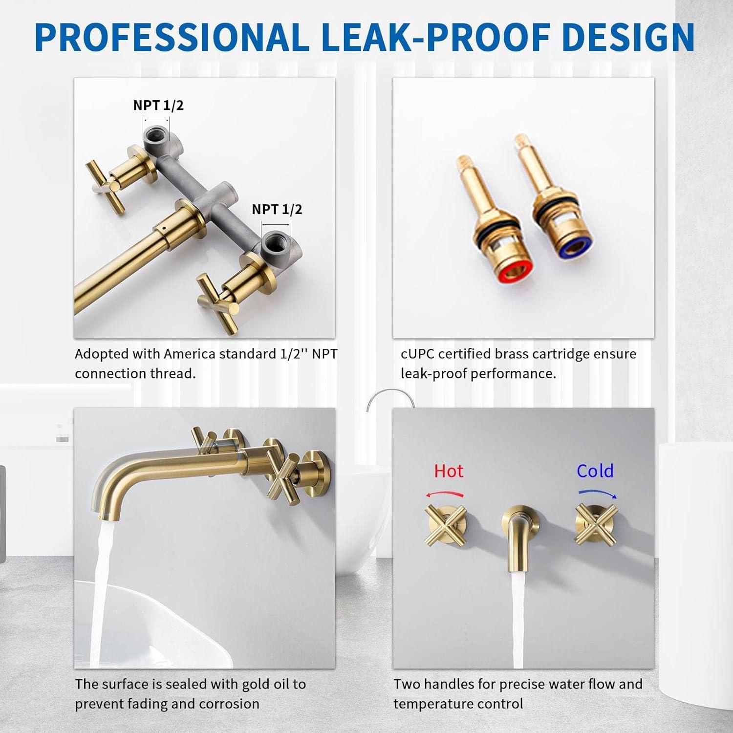 Brushed Gold Wall Mount Bathroom Faucet with Cross Handles