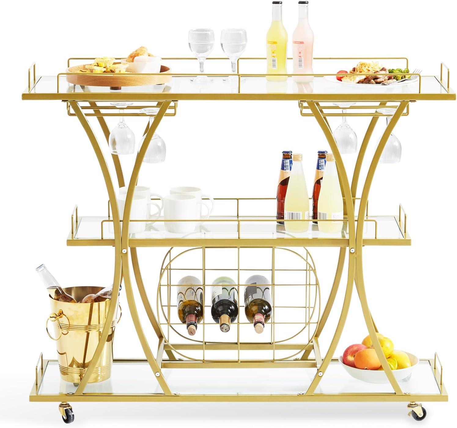 VEVOR Bar Cart Gold 3 Tiers Home Bar Serving Cart on Lockable Wheels with Tempered Glass Shelves Guardrail Wine Rack