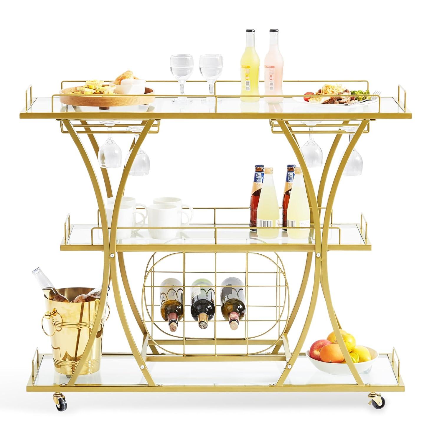 VEVOR Bar Cart Gold 3 Tiers Home Bar Serving Cart on Lockable Wheels with Tempered Glass Shelves Guardrail Wine Rack