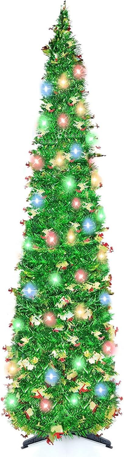 5 FT Silver Green LED Twinkling Christmas Tree with Sequin Tinsel