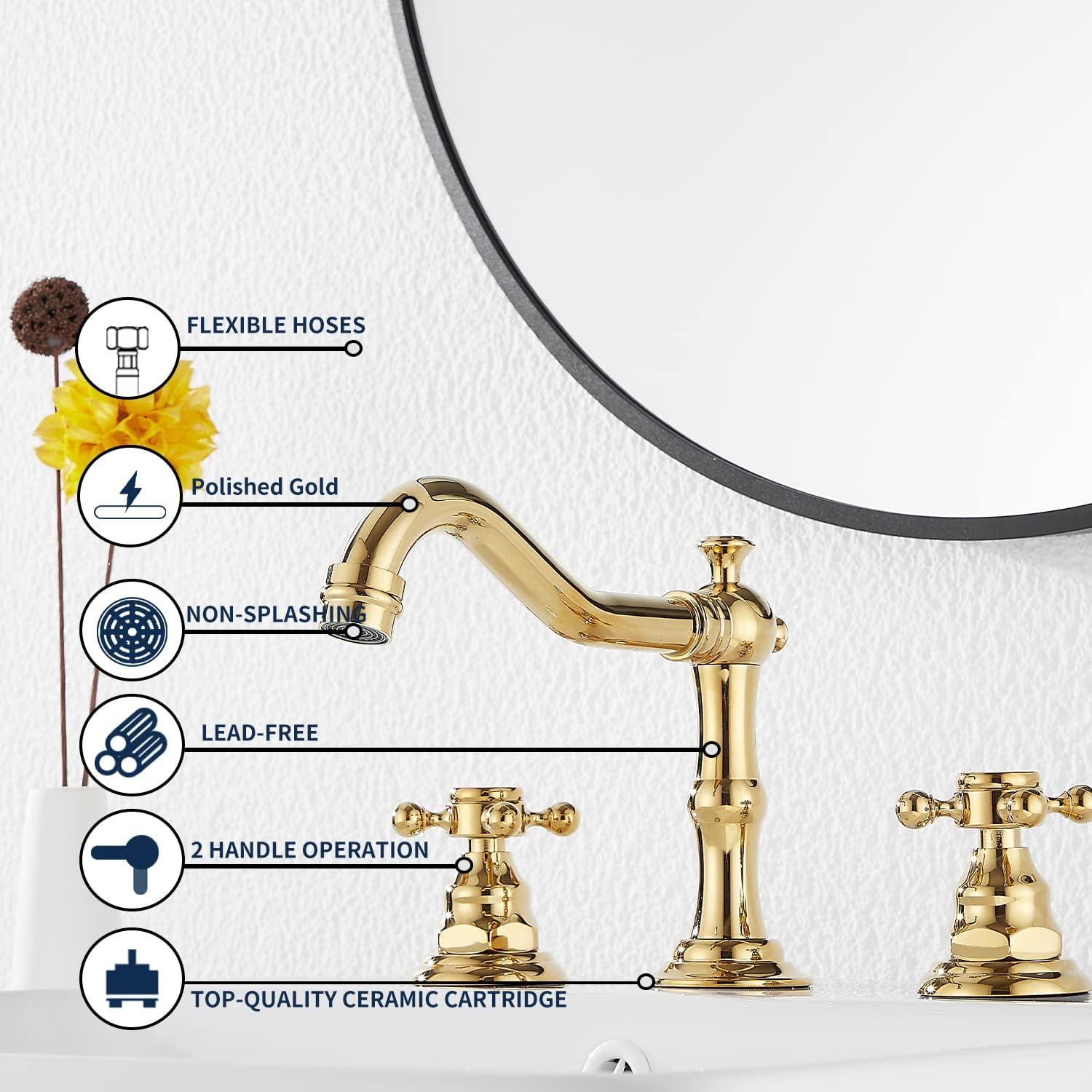 GGStudy 8-16 inch Two Handles 3 Holes Widespread Bathroom Sink Faucet Gold Basin Mixer Tap Faucet Matching Metal Pop Up Drain with Overflow