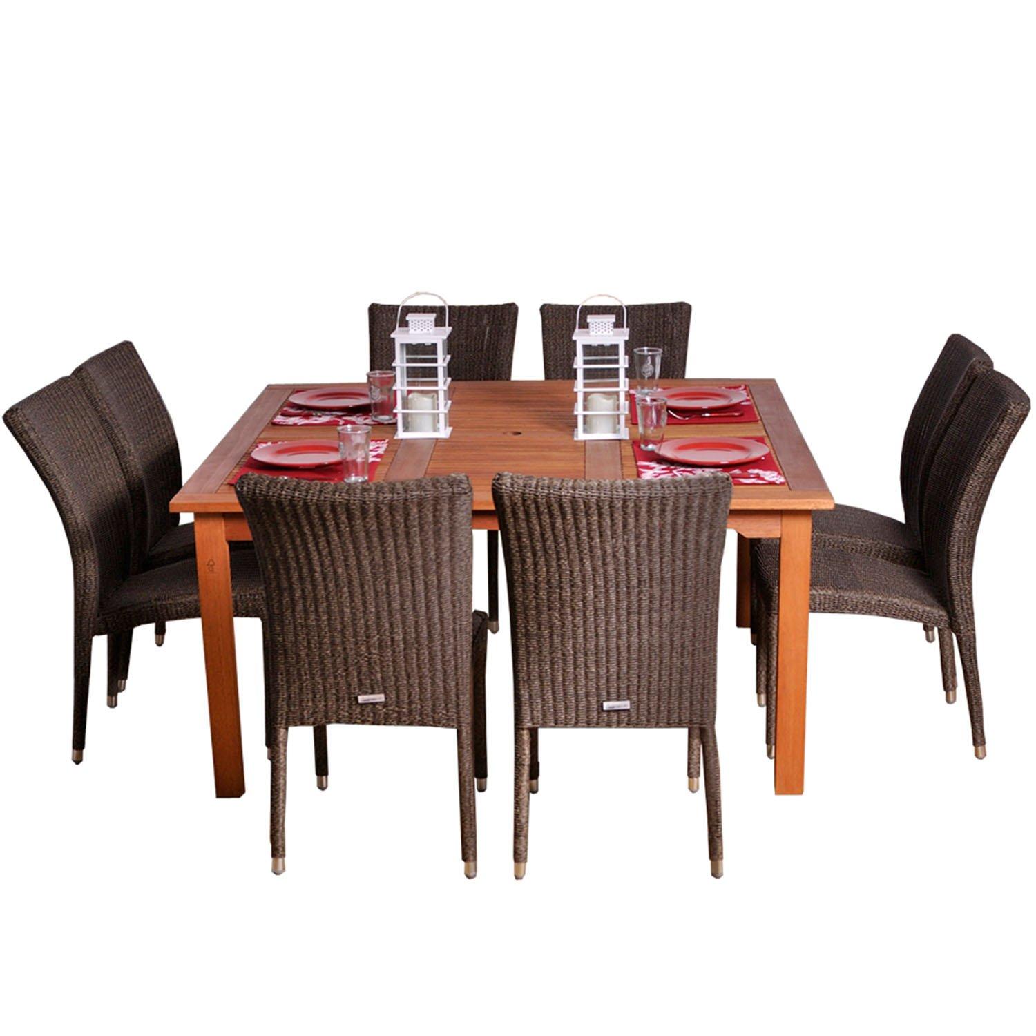 Amazonia Provence 9-Piece  Solid Wood 100% FSC and Eco-Friendly Wicker Square Patio Dining