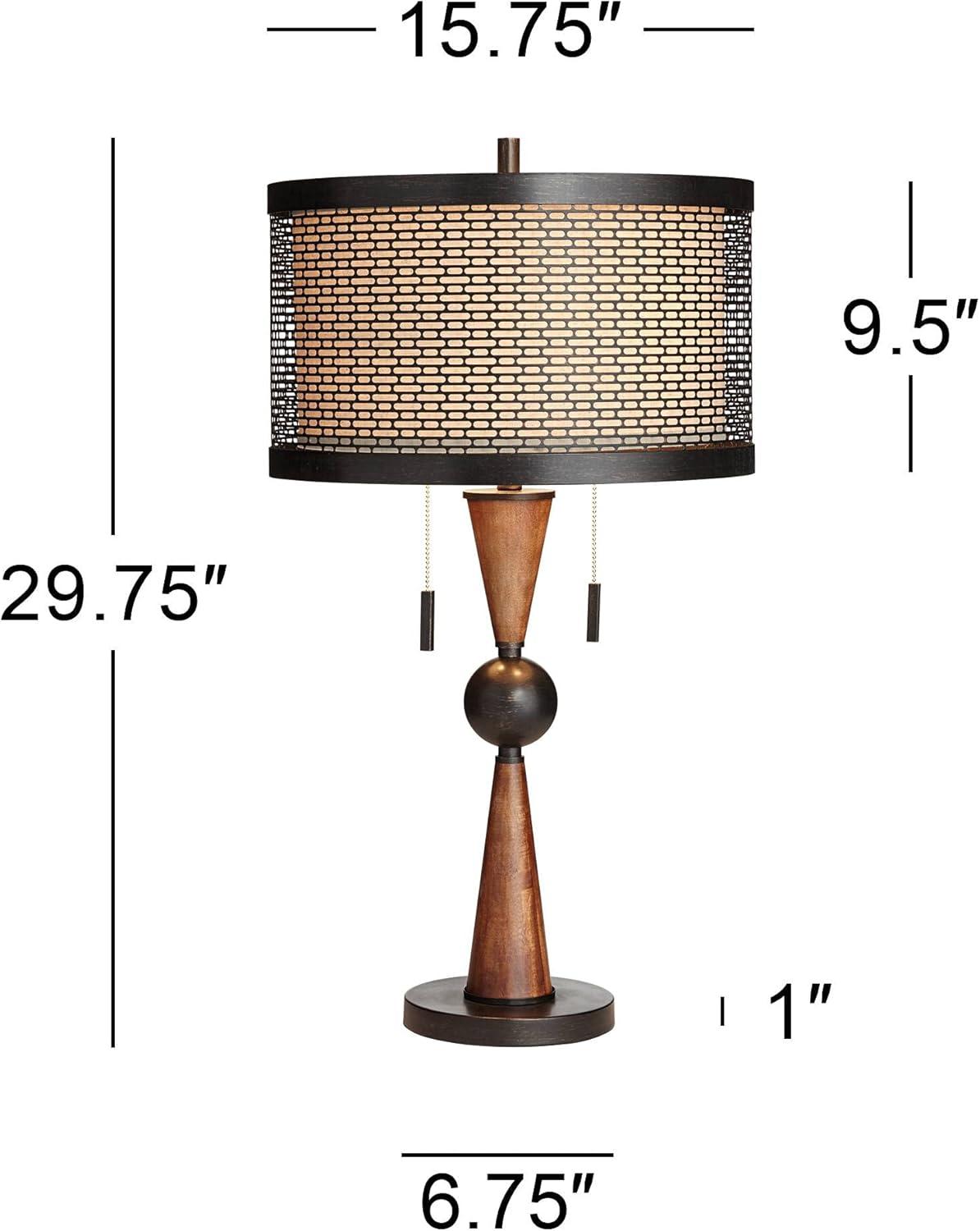 Franklin Iron Works Hunter Modern Rustic Farmhouse Table Lamp 29 3/4" Tall Cherry Wood Bronze Metal Double Drum Shade for Bedroom Living Room House