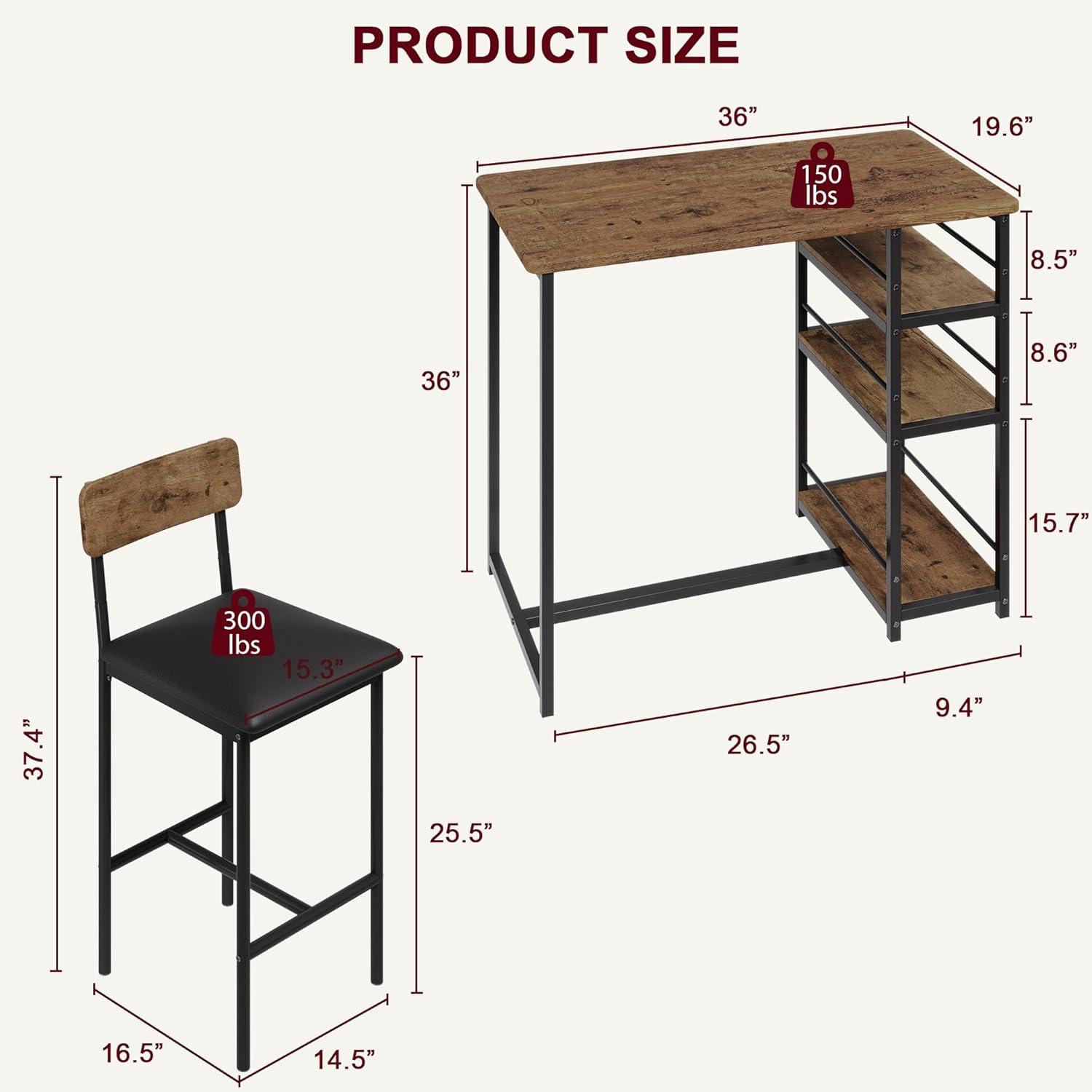 Yiwa Dining Table Set for 2, Kitchen Table Set of 3 with Open Storage Shelves, 2 Upholstered Chairs, Rustic Brown