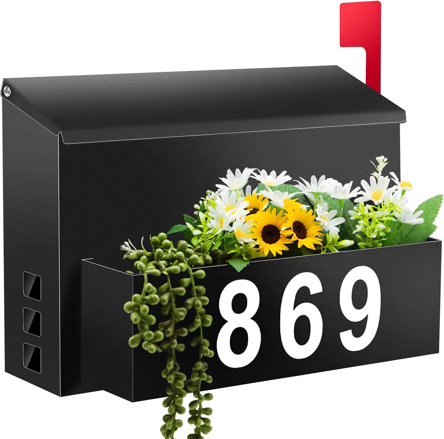 RIZPET Wall-Mount Mailbox With Flag, Large Capacity Mailboxes For Outside House With Planter & 3 Sets Of 0-9 Mailbox Number Stickers, Galvanized Steel Rust-Proof Post Box Metal Mail Box, 9.8"H