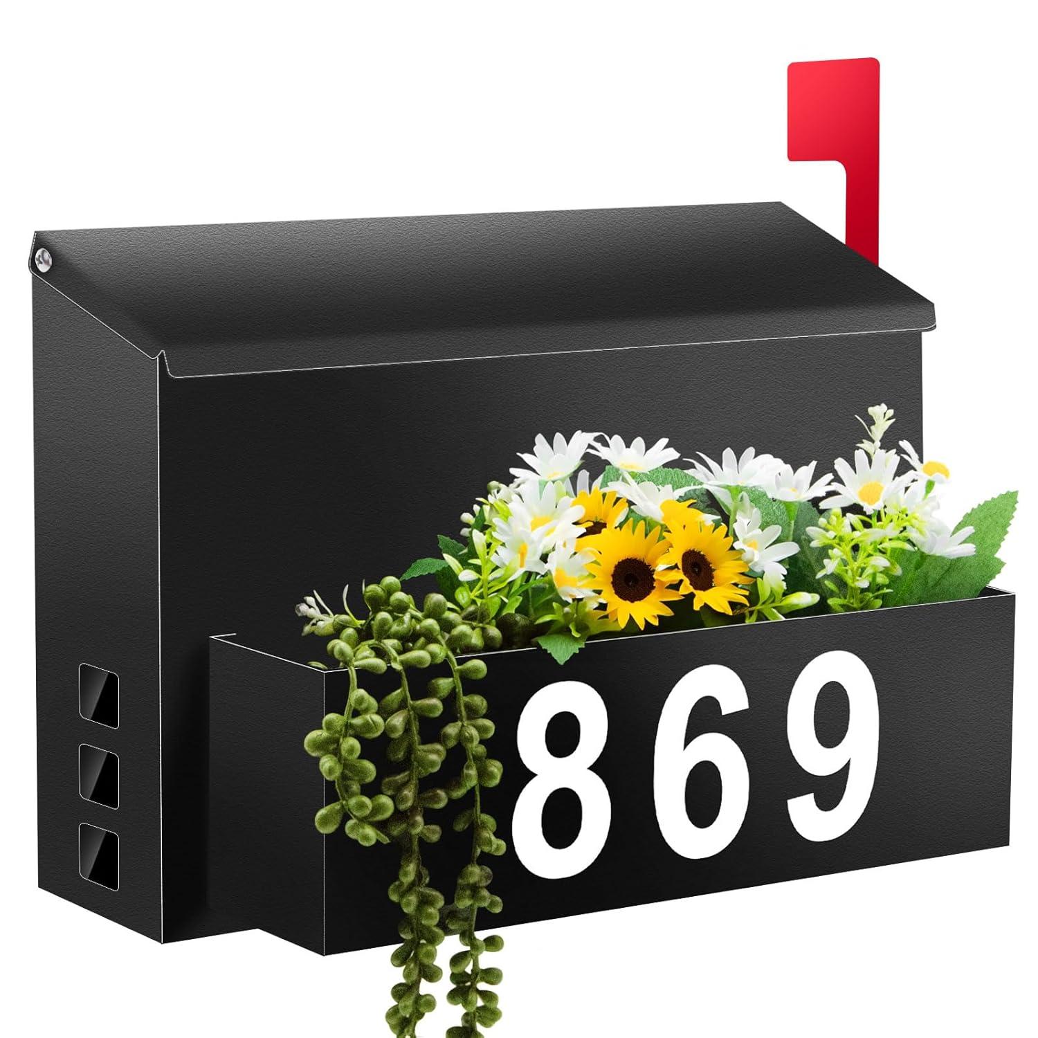 RIZPET Wall-Mount Mailbox With Flag, Large Capacity Mailboxes For Outside House With Planter & 3 Sets Of 0-9 Mailbox Number Stickers, Galvanized Steel Rust-Proof Post Box Metal Mail Box, 9.8"H
