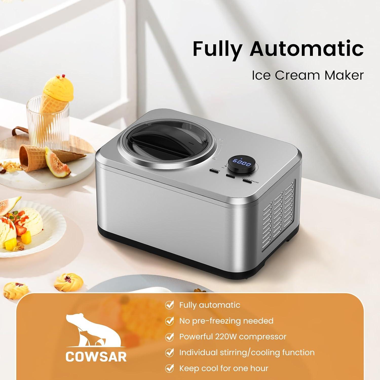 COWSAR 1.5 Quart Ice Cream Maker Machine with Built-in Compressor, Fully Automatic and No Pre-freezing, Frozen Yogurt, Keep-cooling and Timer