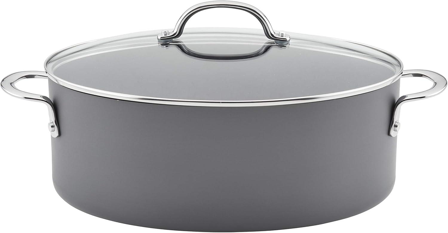 Gray Hard Anodized Nonstick Oval Pasta Pot with Glass Lid