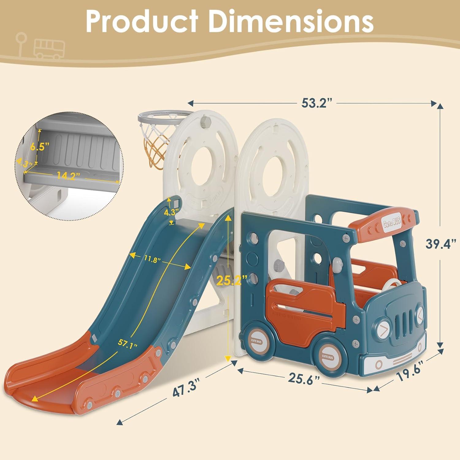 Suteck 4 in 1 Toddler Slide, Kids Slide with Climber and Bus Playhouse Outdoor Indoor Slide Playset