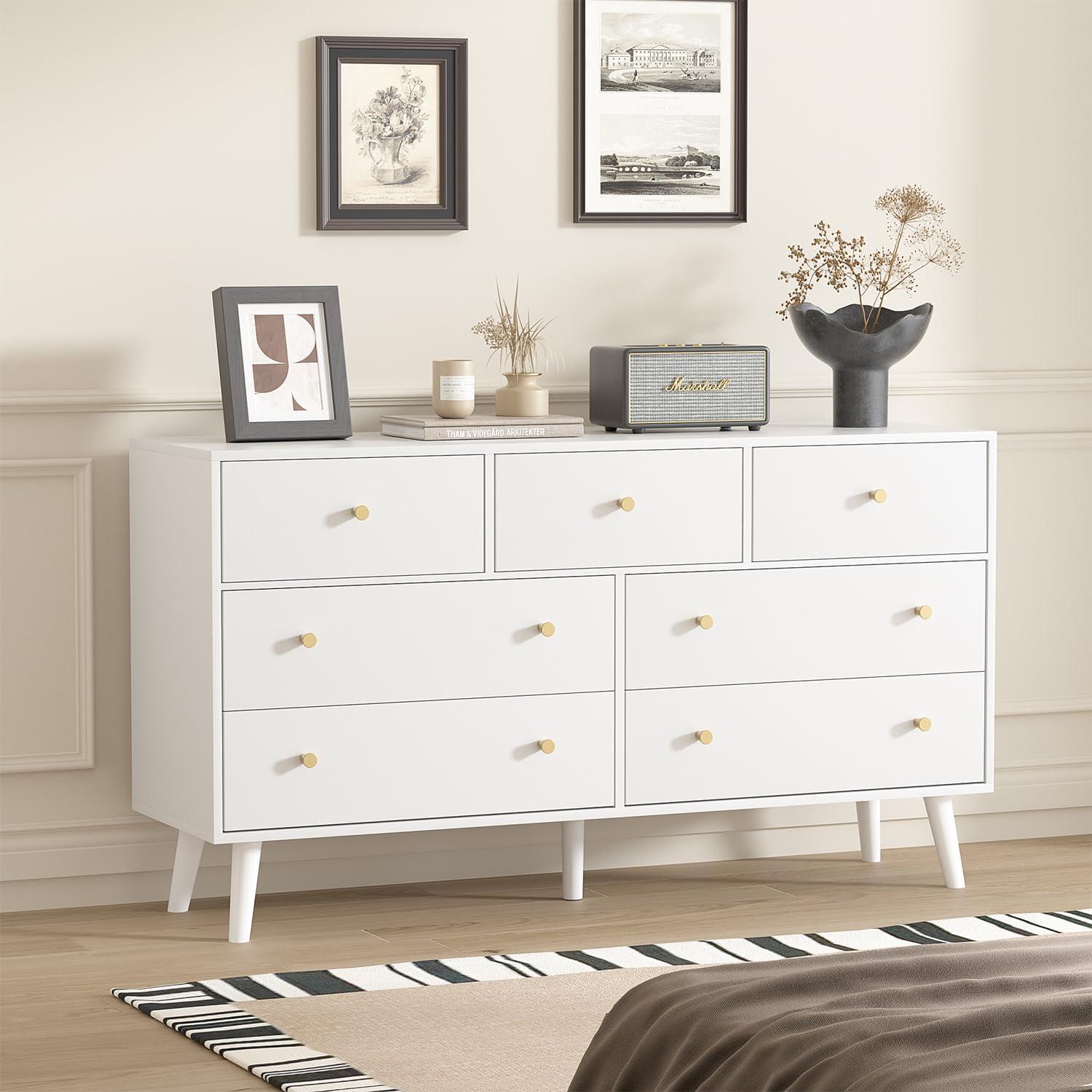 White Modern Wood Dresser with 7 Drawers and Metal Handles