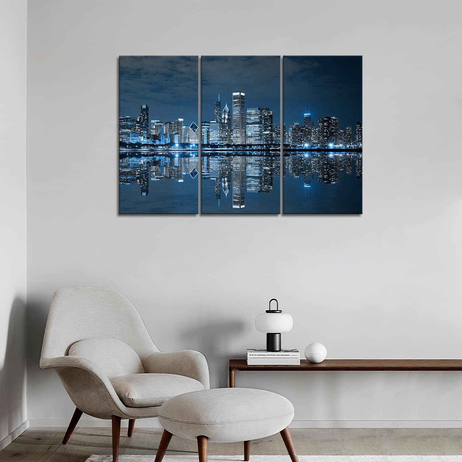 Blue Chicago Buildings Canvas Print Triptych Wall Art