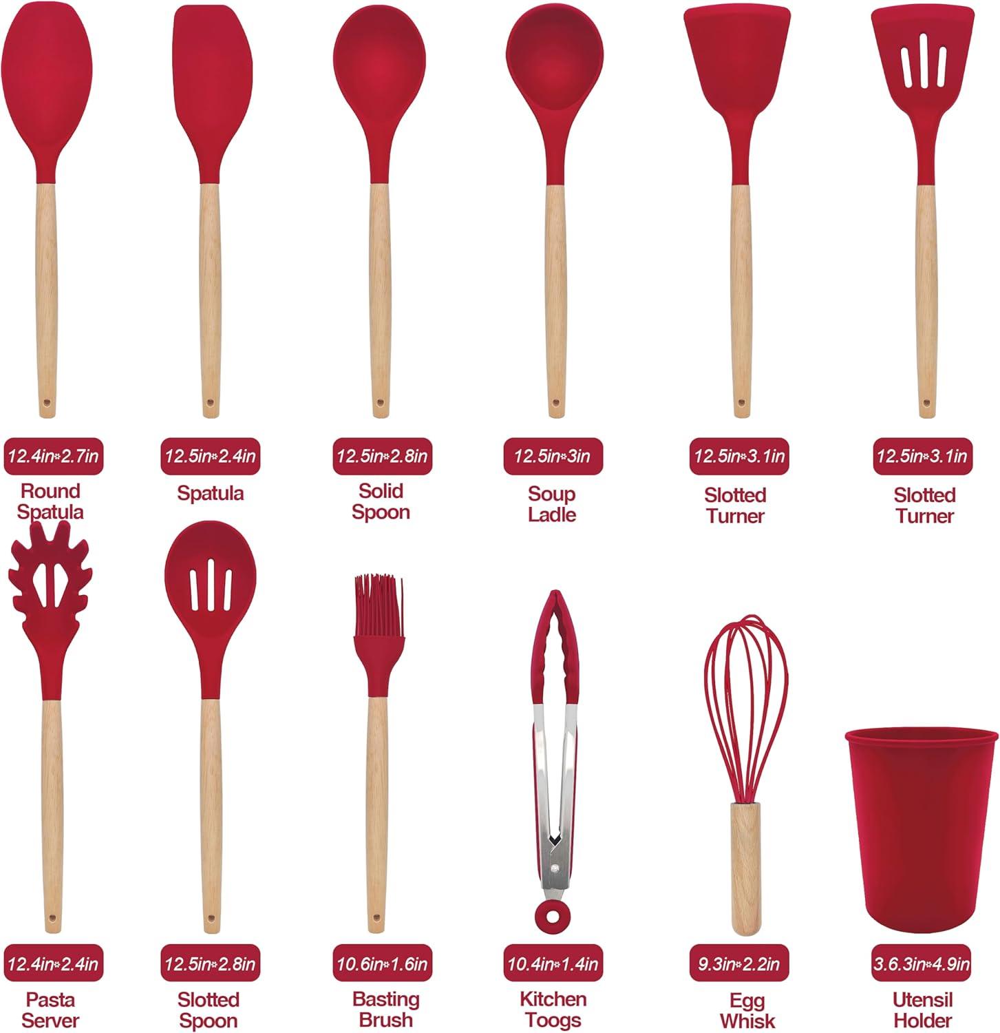Silicone Kitchen Utensils, 12 Piece Non-Stick Heat Resistant Cookware Set with Wooden Utensil Handle, Black - Red