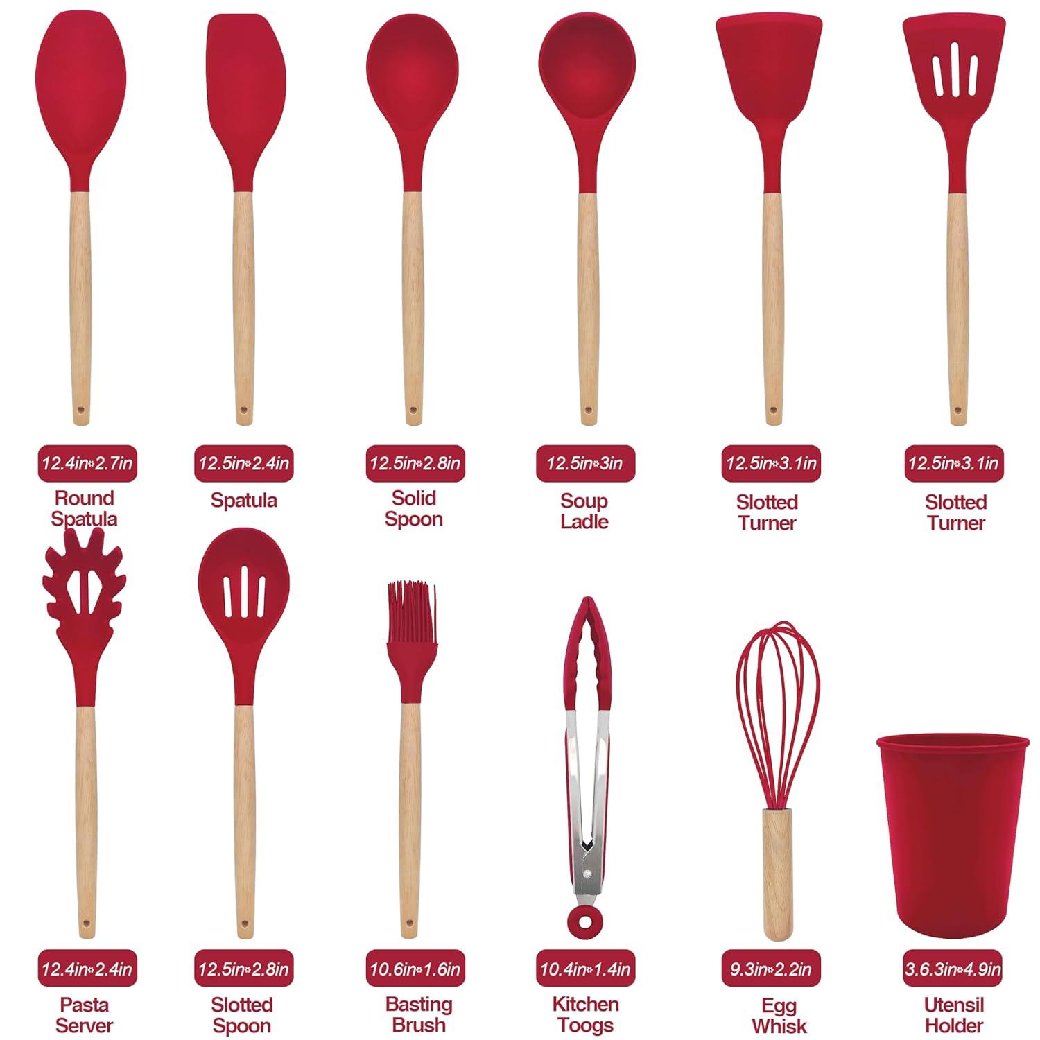 Silicone Kitchen Utensils, 12 Piece Non-Stick Heat Resistant Cookware Set with Wooden Utensil Handle, Black - Red