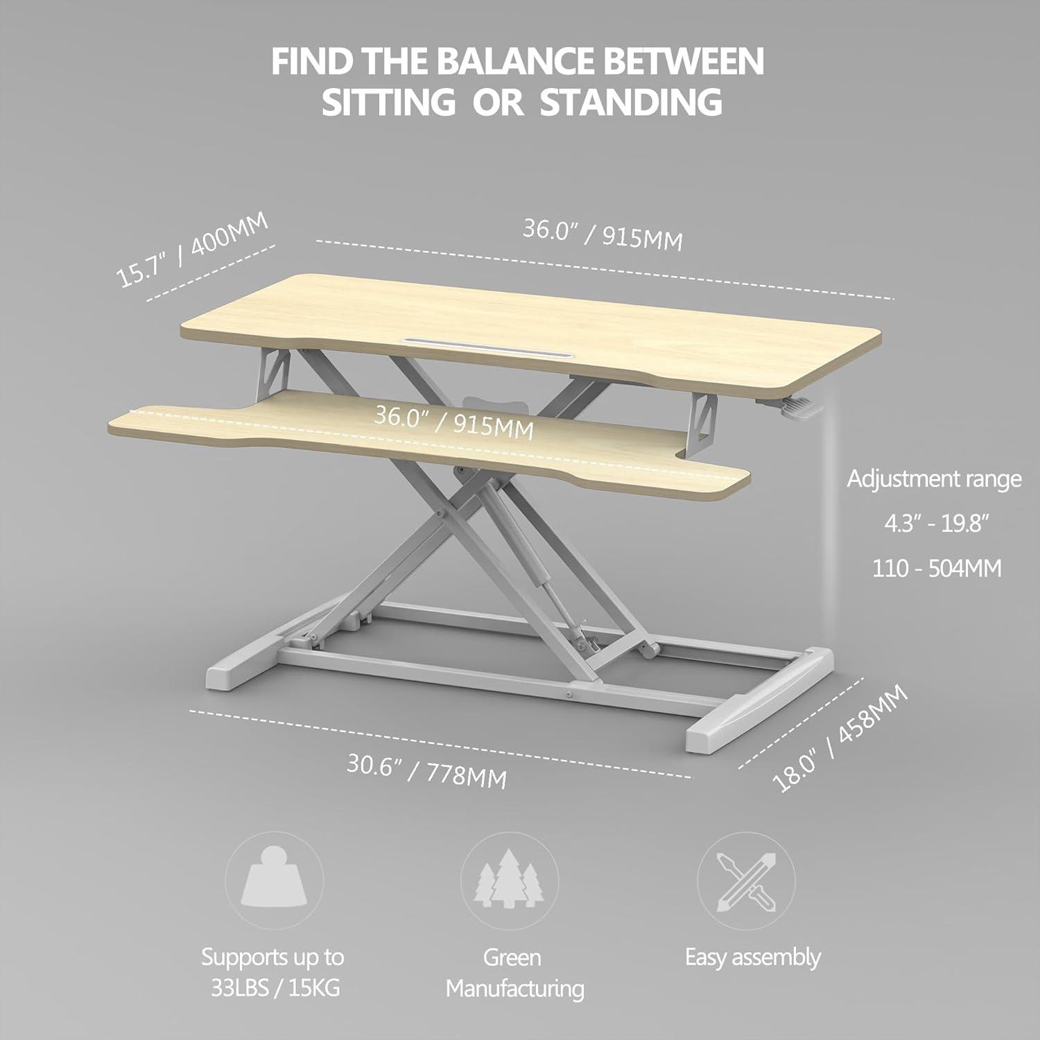 FITUEYES Height Adjustable Standing Desk 36” Wide Sit to Stand Converter Stand Up Desk Tabletop Workstation for Laptops Dual Monitor Riser Black SD309101WB