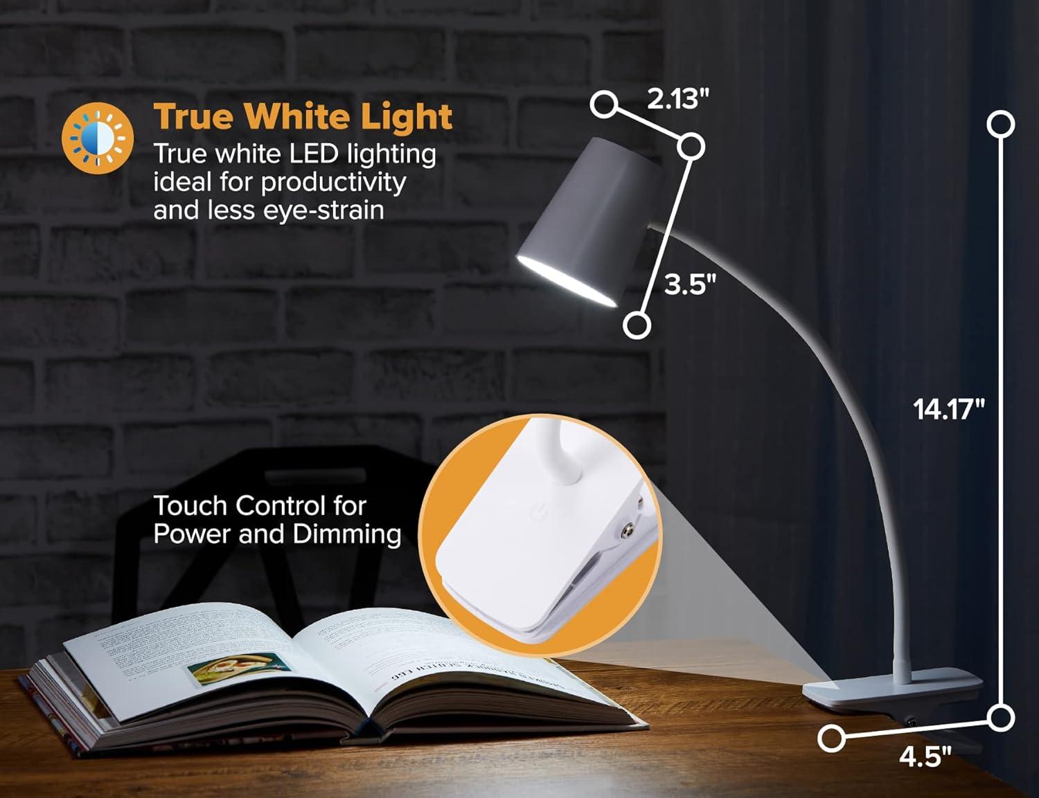 Adjustable LED Clamp Light, 7.48 in. White, Indoor, Desk Lamp