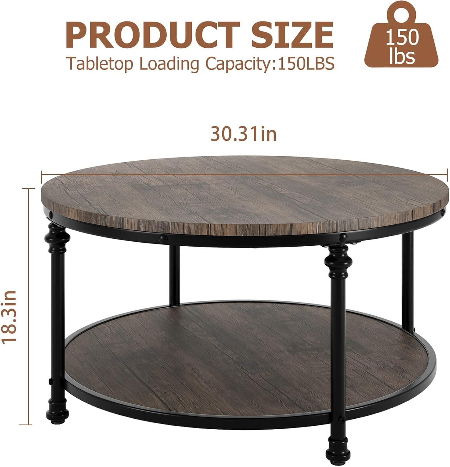 Jiowenm Round Coffee Table Living Room Wood Center Table with Storage Shelf Rustic Circle Coffee Table with Sturdy Metal Legs, Easy Assembly(Light Walnut)