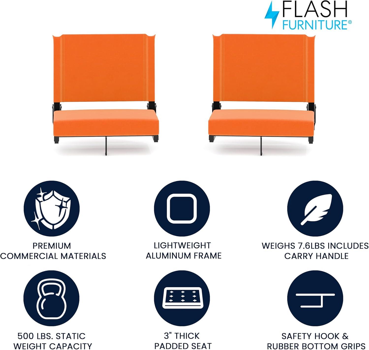 Flash Furniture Set of 2 Grandstand Comfort Seats by Flash - 500 lb. Rated Lightweight Stadium Chair with Handle & Ultra-Padded Seat, Orange