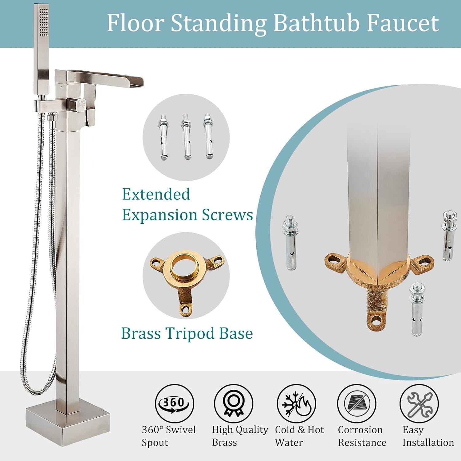 Waterfall Tub Filler Freestanding Bathtub Faucet Floor Mount Brass Single Handle Bathroom Faucets with Hand Shower