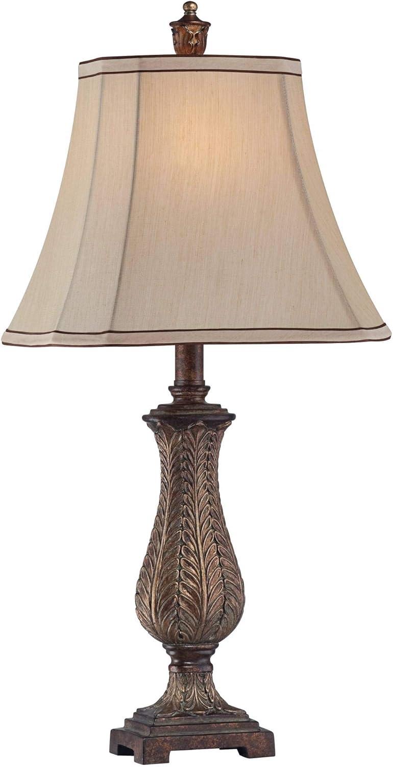 Antique Petite Old Oak Vase Table Lamp with Beige Rectangular Shade