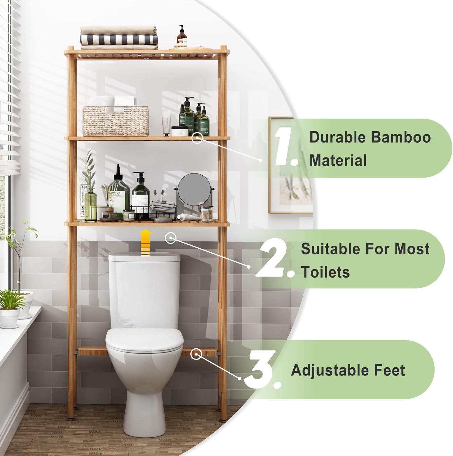 Natural Bamboo 3-Tier Adjustable Over-the-Toilet Storage Shelf