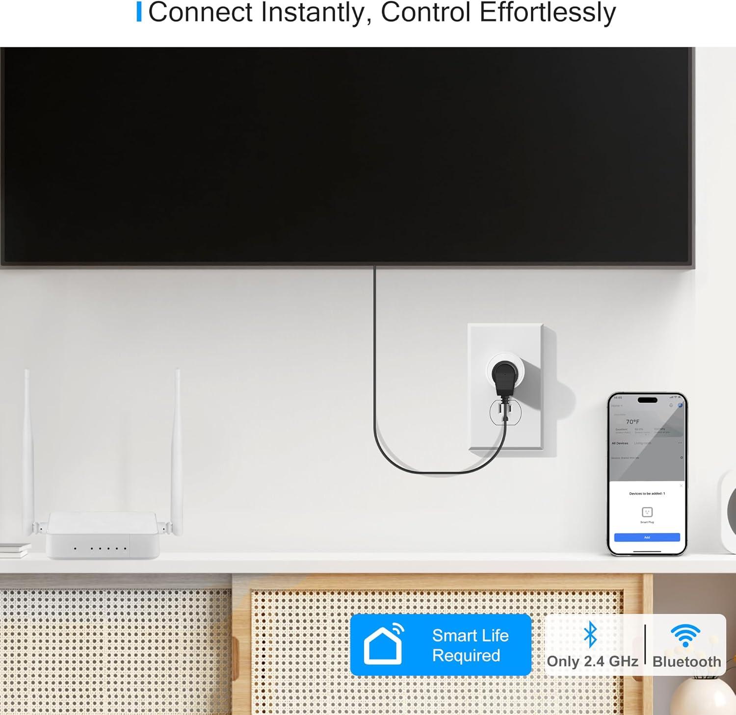 EIGHTREE Smart Plug 2025 Upgrade to 15A, Bluetooth & Wi-Fi Outlet Plug Dual Connection, Voice Control, Remote Control Outlet Timer Indoor, Smart Plugs That Work with Alexa & Google, 2.4GHz Wi-Fi Only