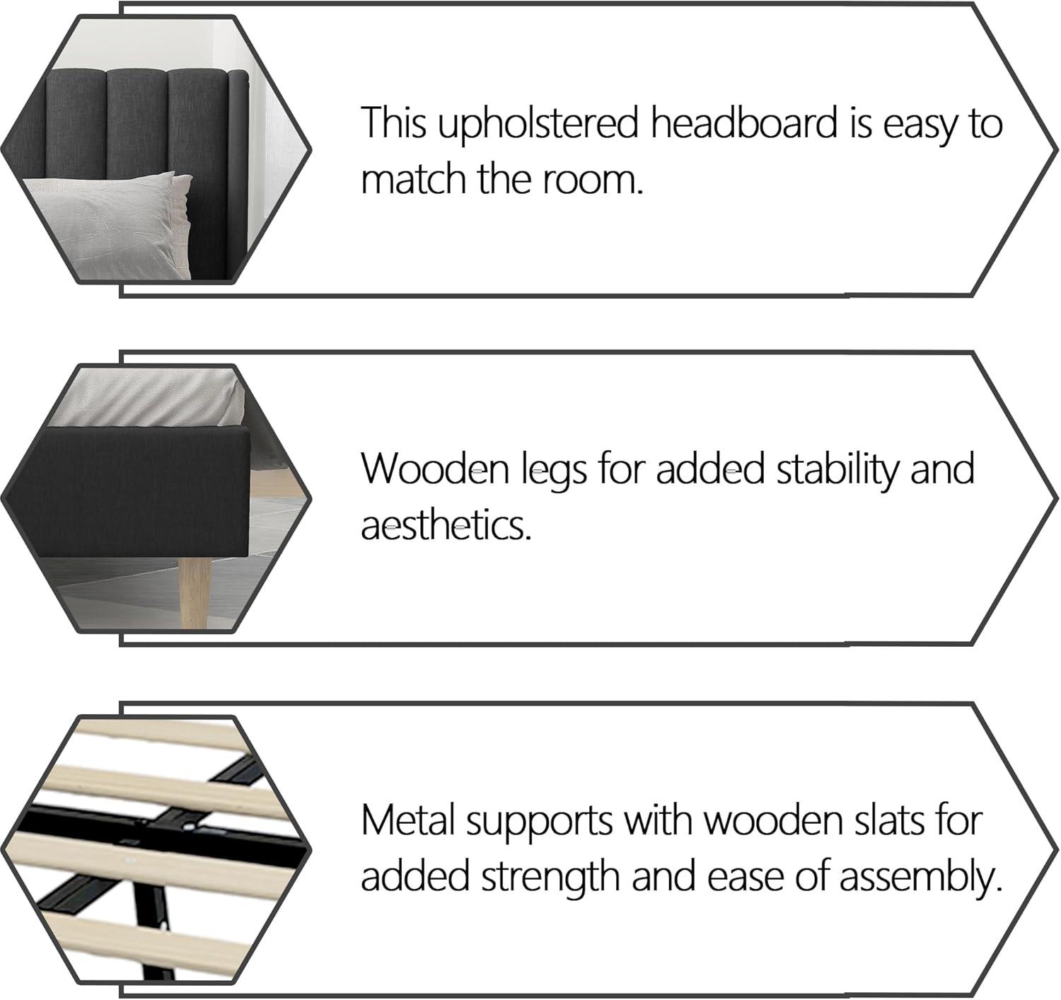 alazyhome Upholstered Platform Twin Size Bed Frame with Headboard Wooden Slats Support No Noise Easy Assembly Black Linen