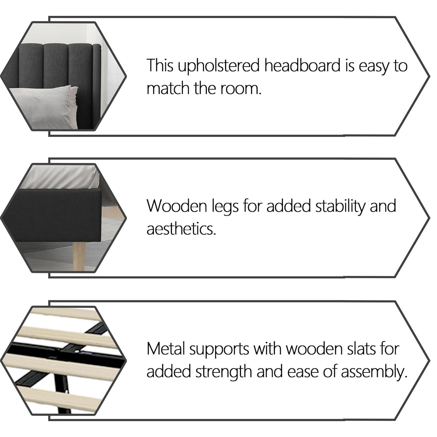 alazyhome Upholstered Platform Twin Size Bed Frame with Headboard Wooden Slats Support No Noise Easy Assembly Black Linen