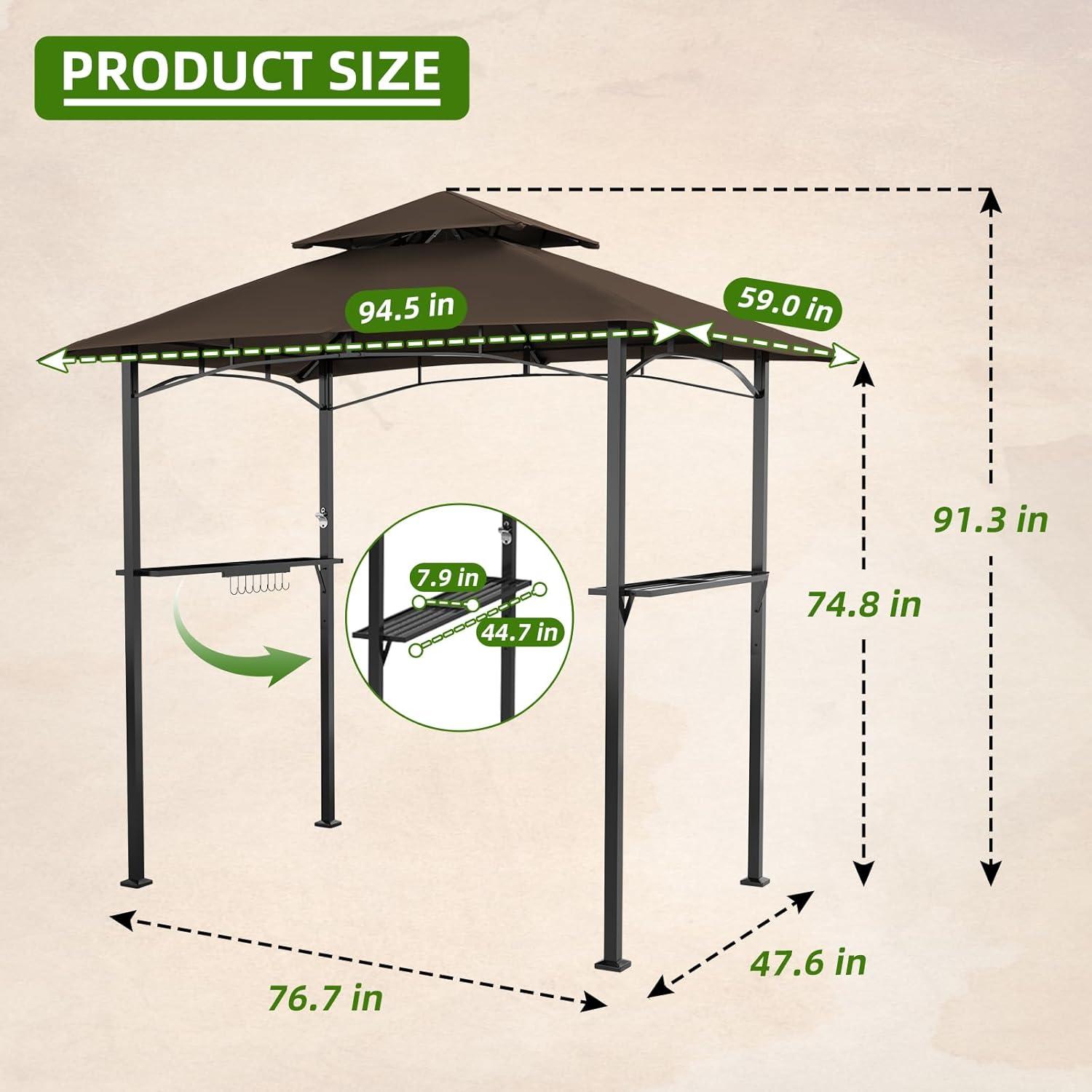 Incbruce 8' X 5' Grill Gazebo Canopy, Outdoor BBQ Gazebo Canopy with Double Tiered Tent Roof Cover & Metal Frame for Patio, Garden, Backyard (Brown)