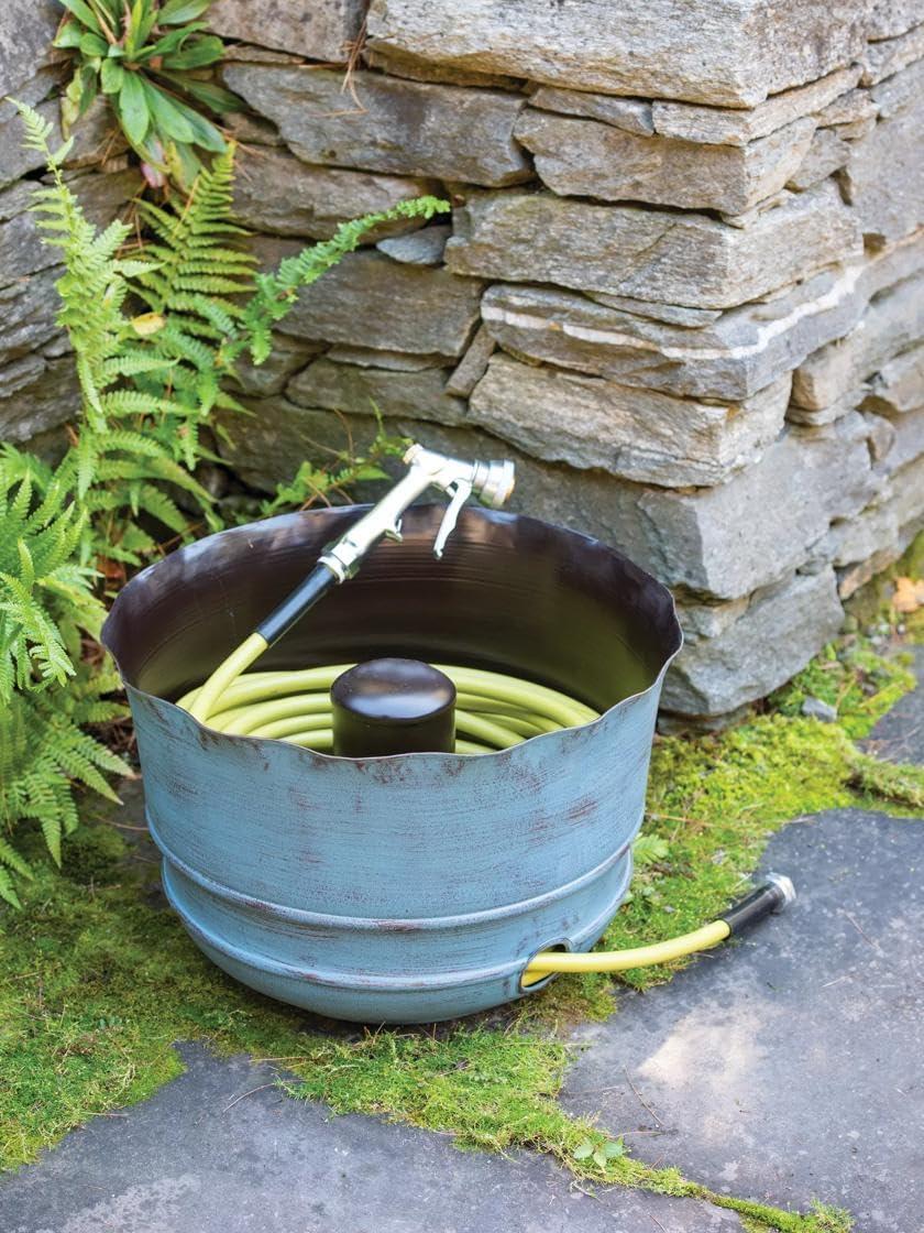 Brushed Blue and Bronze Metal Garden Hose Pot