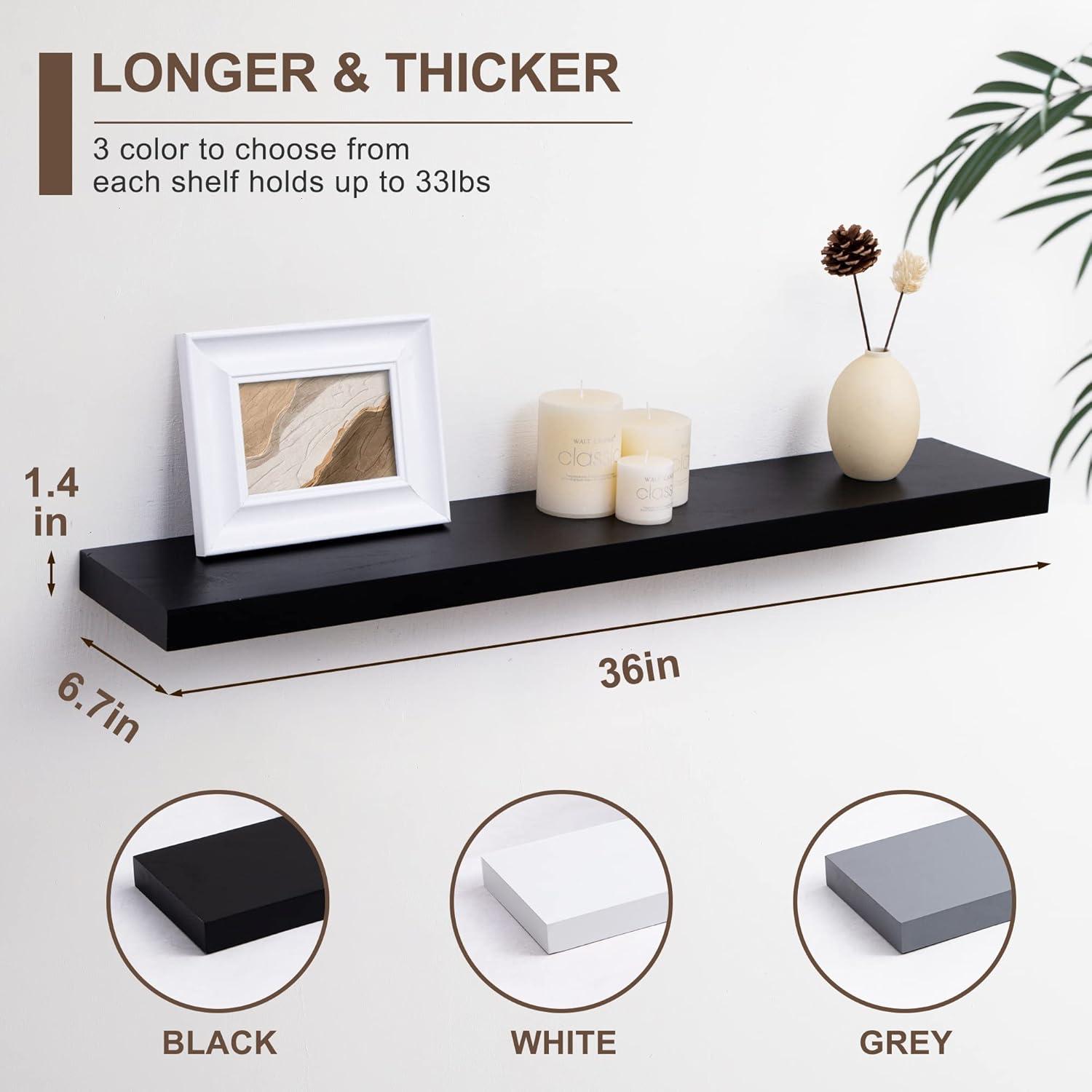 fuqing Black Floating Shelves for Wall - 36 Inch Lightweight Wood Wall Shelves Set of 2 - Floating Black Shelves for Storage Display Ledges for Bedroom Kitchen Living Room