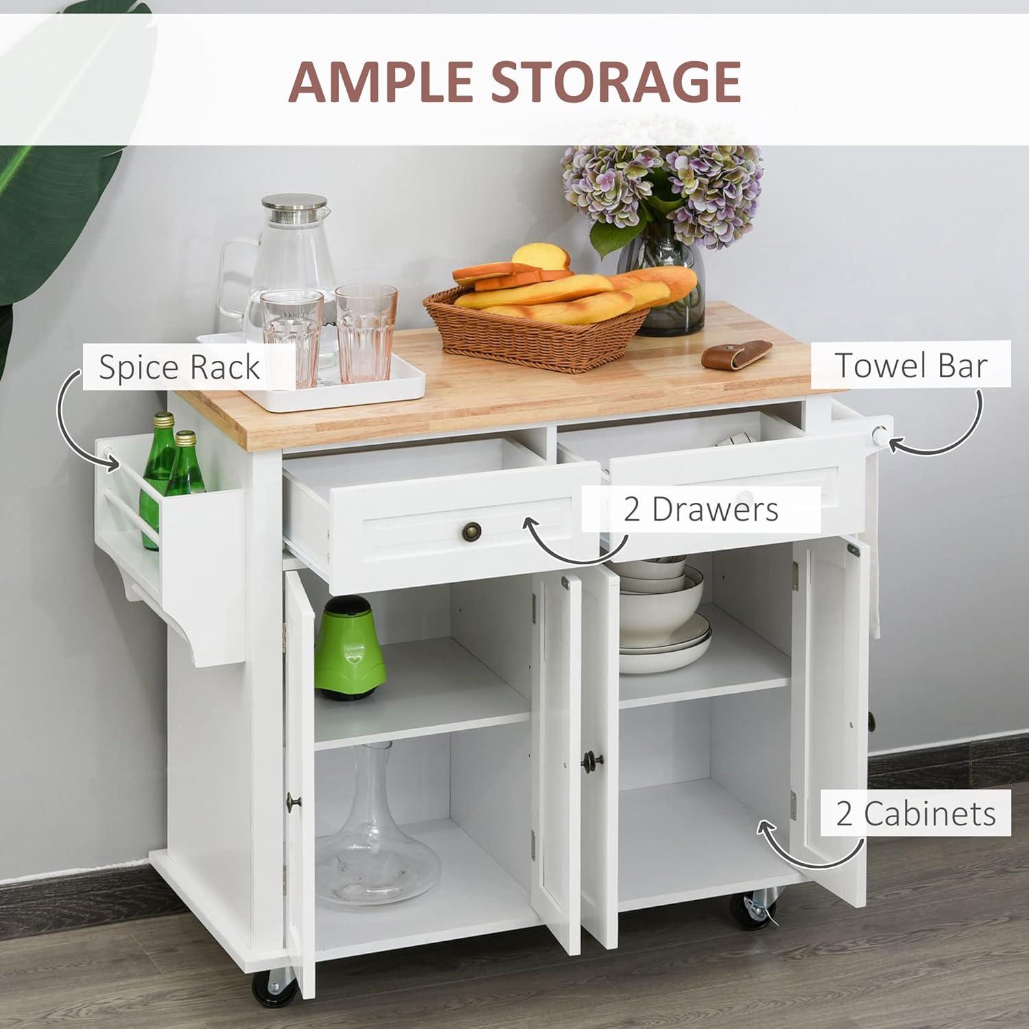 HOMCOM Kitchen Island on Wheels, Rolling Cart with Rubber Wood Top, Spice Rack, Towel Rack & Drawers for Dining Room, White