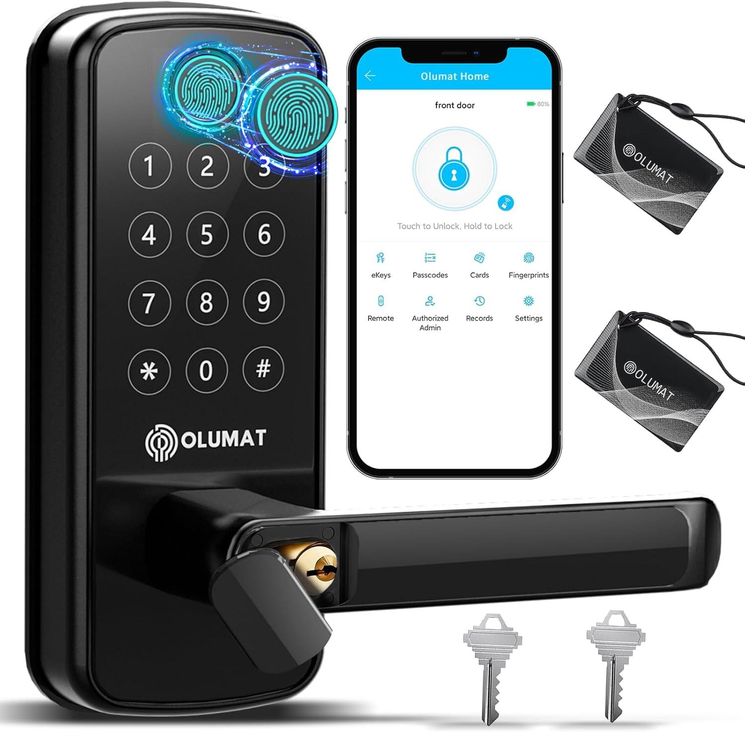 Smart Door Lock, OLUMAT Keyless Entry Door Lock Fingerprint Door Lock with Keypad Digital Door Lock with Handle for Home, Rental, Office and Hotel-Black