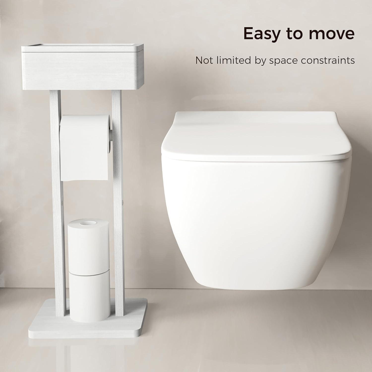 Hokku Designs 4-In-1 Bamboo Toilet Paper Holder Stand With Storage Shelf, Free Standing Toilet Tissue Roll Organizer, 360° Rotating Lid, Extra Storage For Bathroom Essentials