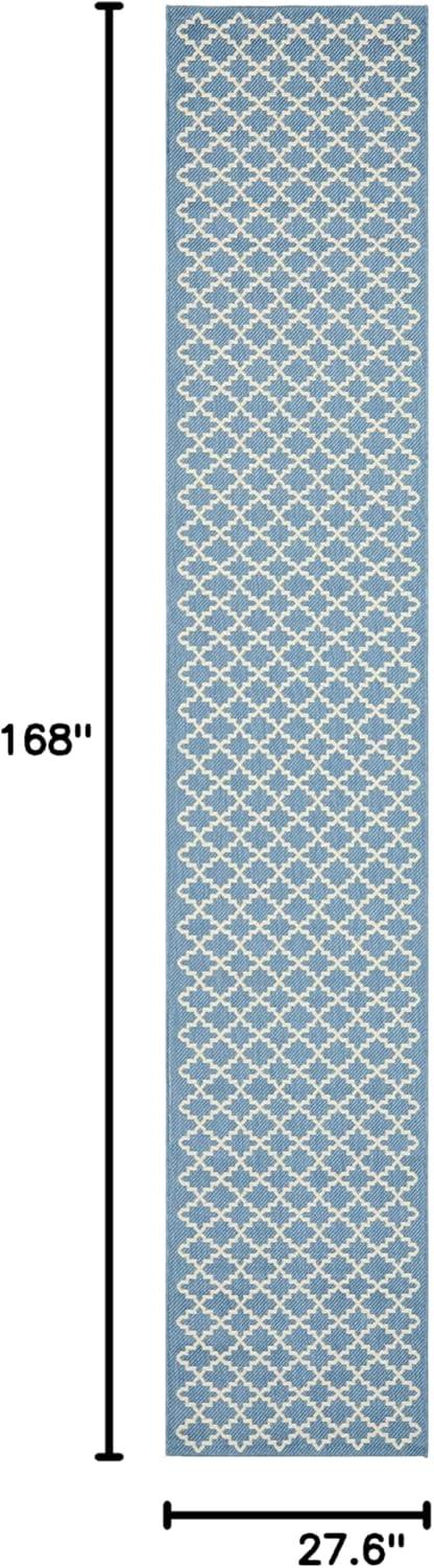 SAFAVIEH Courtyard Hilbert Geometric Indoor/Outdoor Runner Rug, Blue/Beige, 2'3" x 14'
