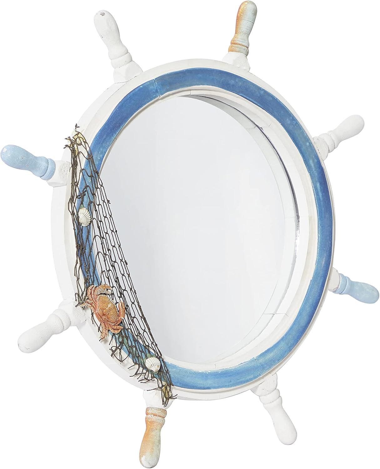DecMode 25" x 25" White Ship Wheel Sail Boat Wall Mirror with Netting Accent