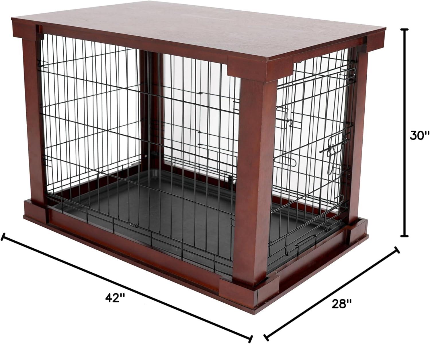 Merry Products 2 Door Decorative Pet Kennel with Wooden Protection Cover, Divider Insert, and Removable Tray End or Side Table, Large, Brown