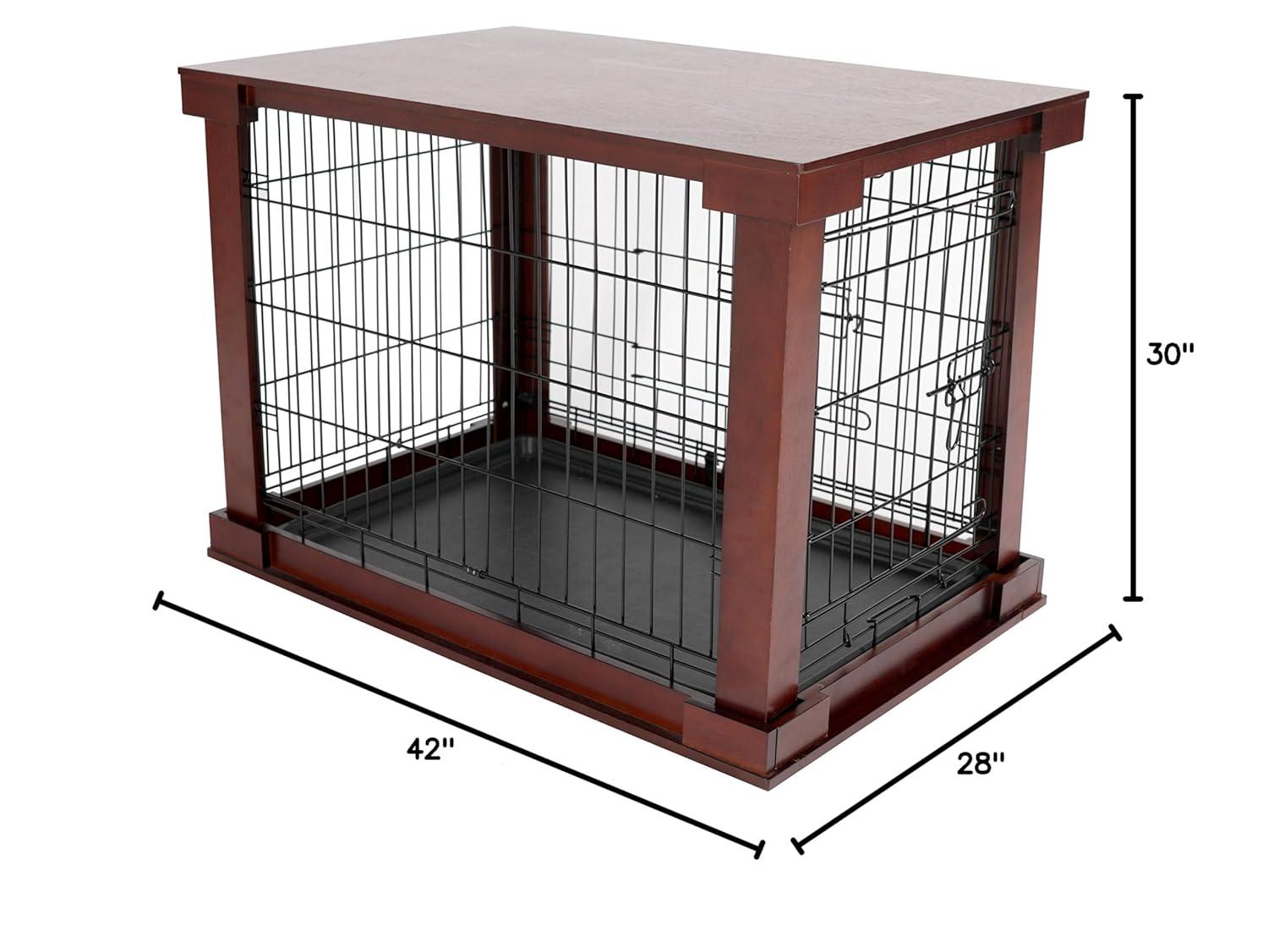 Merry Products 2 Door Decorative Pet Kennel with Wooden Protection Cover, Divider Insert, and Removable Tray End or Side Table, Large, Brown